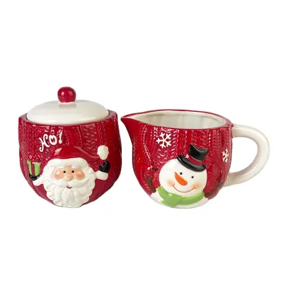 Red Sweater Pattern Ceramic Santa Claus Cream and Sugar Set with Hat Lid 4.5" Tall Christmas Decor Handmade