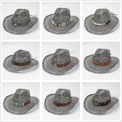 Vintage Summer Sunscreen Jazz Hat Men Women Hollow Paper Grass Woven Beach Straw Hat