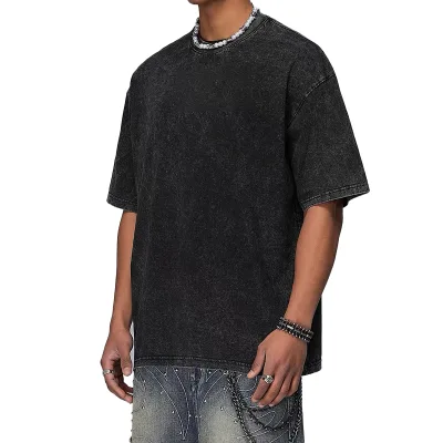 Wholesale Vintage 100% Cotton Custom LOGO 300gsm Fabric Weight Short Sleeve Acid Washed Regular Solid Eco-friendly Streetwear