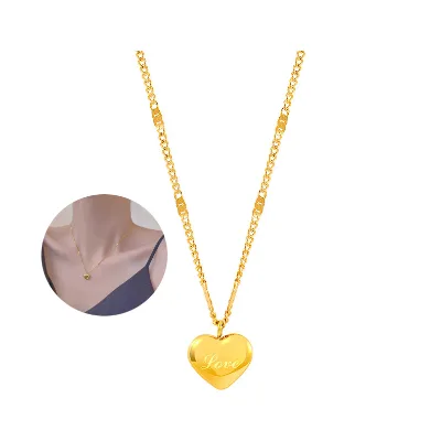 Dainty Puffy Heart Necklace Stainless Steel Peach Heart Engraved Love Collarbone Chain Necklace Bridesmaids Gifts