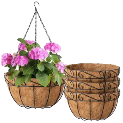 Hanging Basket Planter Metal with Coconut Coir Liner Wire Plant Holder with Garden Decorations for Porch Pots