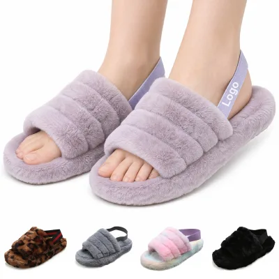 OEM/ODM Women Multi Color Detachable Back Strap Fuzzy Slides Anti Slip Rubber Outsole Open Toe Fluffy Fur Warm House Indoor