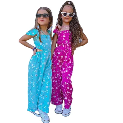 2024 Summer Girl's Waist up Casual Ruffled  Print Back Open Jumpsuit Straight Leg Pants