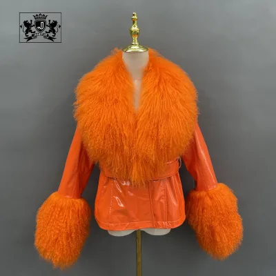 Janefur Wholesale Custom logo Real Leather Jacket Women Big Mongolian Lamb Fur Collar Sheep Skin Leather Jacket With Belt