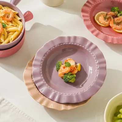 Solid Pattern Round Modern Ceramic Salad Pasta Breakfast Plate High-End Home Use