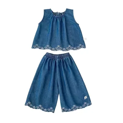 Summer Newly Arrived Girls Denim Short-sleeved and Long Pants Set Sleeveless Children Top Wide-leg Pants Children Set