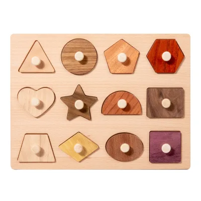 Beech Wood Shapes Knob Peg Geometric Shape Blocks Natural Wood Puzzle Board for Kids Educational Toys