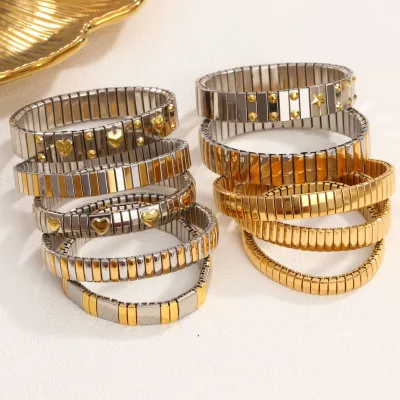Trendy Minimal Luxury Tile Link Stretch Bracelet Women Tarnish Resistant Stainless Steel Bangle With Heart Star Stud Details