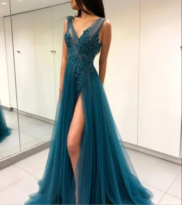 Open Back Long Sexy Beaded Tulle Wholesale Evening Dresses From China