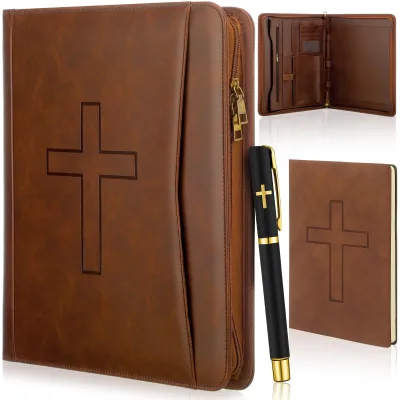 Christian Cross Embossed Leather Bible Portfolio Zipper Organizer Folder with Notebook & Pen Religious Gift
