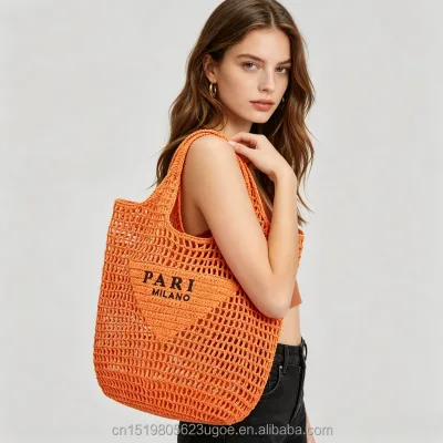 Wholesale Custom Logo Mesh Beach Woven Handbag Eco Paper Straw One Shoulder Bag Women Summer Vacation Outdoor