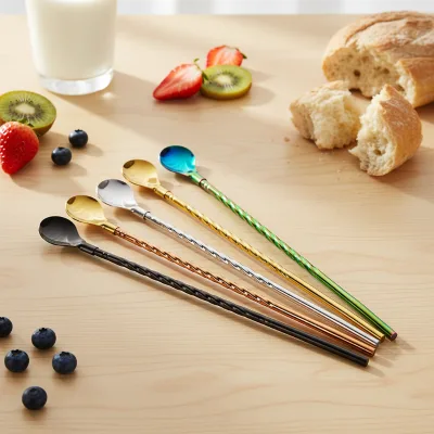 Stainless Steel Eco Friendly Creative Metal Dual-Purpose Straw Mixing Spoon for Kitchen/ Milk/Tea and Juice Shops