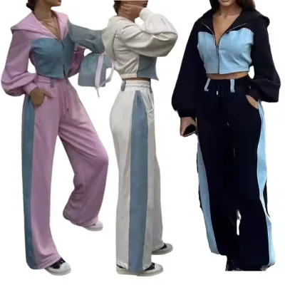 2025 Women's Casual Contrasting Color Set Long Sleeved Color Zipper Hoodies Crop Tops Sports Pants Two-piece Set