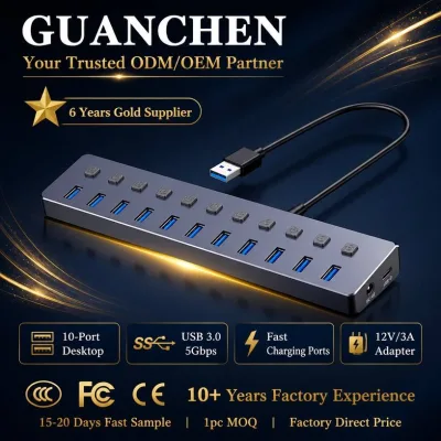 10 in 1 USB 3.0 Hub with 12V 4A Power Adapter Individual Switch 4 Fast Charging Ports 5Gbps Plug & Play for Laptop Desktop Mac