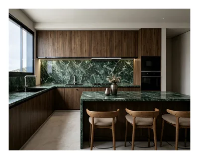 High End Walnut Wood Grain Quartz Countertop Laminate Handleless Design Kitchen Display Cabinet