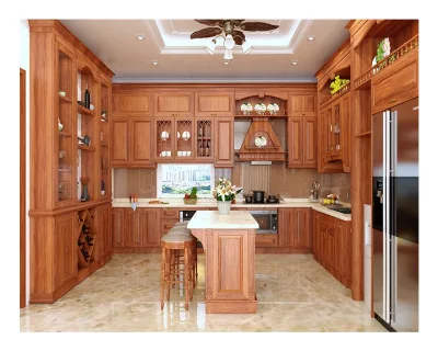 High End Luxury Solid Wood Modular Kitchen Cabinet with Island Design Marble/Laminate Countertop Faucet Included
