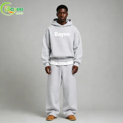 Street Wear Men's Cropped Boxy Fit Heather Grey Hoodie Matching Wide Leg Sweatpants Casual Oversized Sweatsuit Private Label