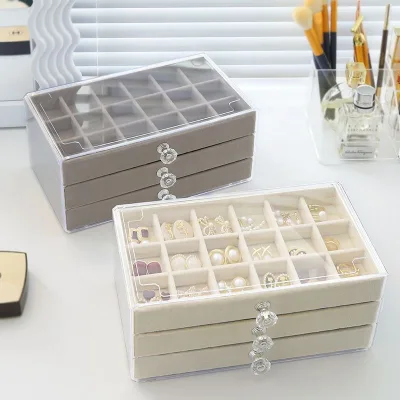 Acrylic Jewelry Box Transparent Jewelry Trinket Box Three Layer Drawer Jewelry Storage Box Flannelette Ring Tray