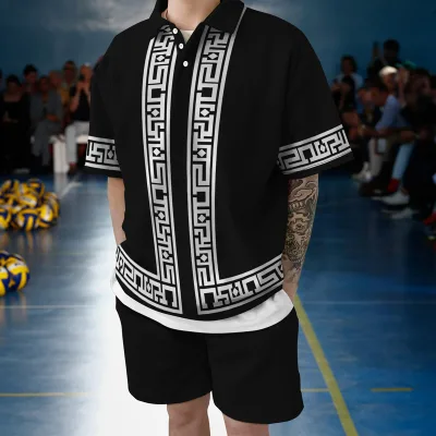 2022 Spring Summer New Button Polo Shirt Set Men's 3D Short-sleeved Polo Shirts Beach Pants Suit