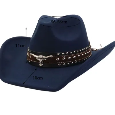 Wholesale New Western Felt Cowboy Fedora for Man With Removable Metal Rivet and Ox Head Hat Band