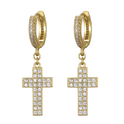 Duyizhao Hip Hop Iced Out Full Diamond Double Row CZ Zircon Earrings Gold and Silver Huggie Cross Long Earrings Jewelry
