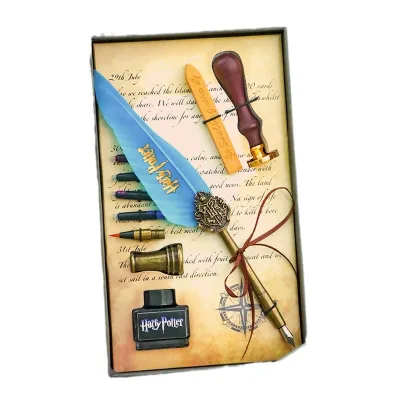Old Art Wax Seal Stamp Kit Magic Calligraphy Pen Dip Quill Feather Pen and Ink Set for Hand Writing Signature and Calligraphy