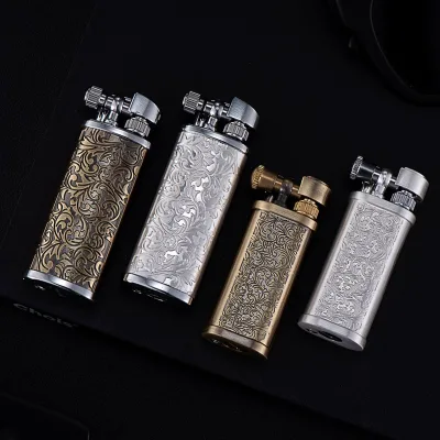 Retro Carved Kerosene Lighter Vintage Flint Wheel Ignition Durable Metal Body Creative Collectible Lighter for Men Daily Use