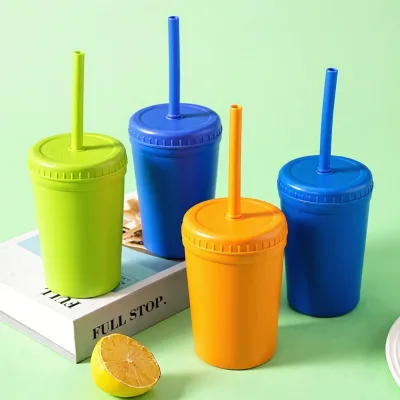 10oz Reusable Wheat Straw Cups Recycled Pp Mugs Bpa Free Plastic Small Water Coffee Cups with Lids and Silicone Straws for Milk