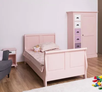 Pink Wooden Modular Kids Bed Set with Wardrobe and Nightstand Modern Design for Babies and Kids Durable Bedroom and School Use
