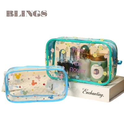 Wholesale PVC Custom Candy Pattern Drawstring Portable Transparent Zipper Flower Floral Makeup Pouch Cosmetic Bag Custom Logo