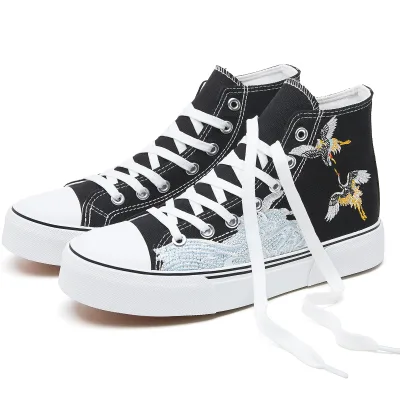 2025 Casual Fashion Crane Embroidered High Top Black Canvas Shoes for Ladies Walking Style