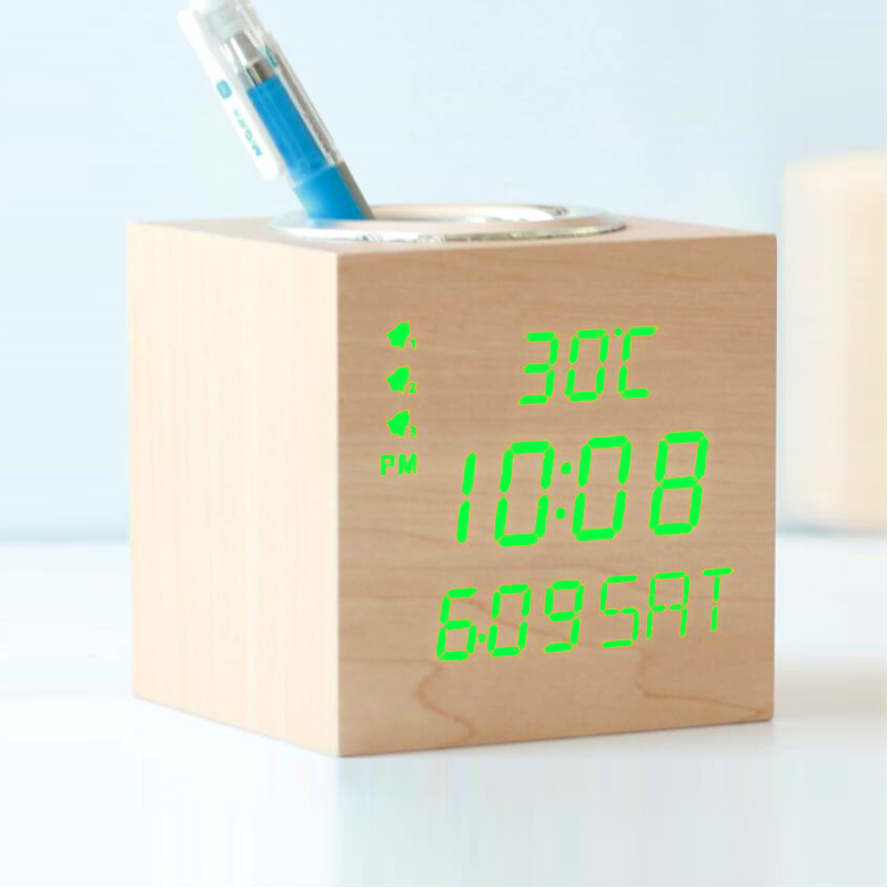 Different Light Color Square Clock With Pen Holder Solid Wood Orange Digital Wooden Clock