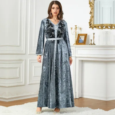 3748Manufacture Embroidery Gray Party Wear Dresses Women Lady Elegant Party Luxurious 2023 Women Velvet Dress