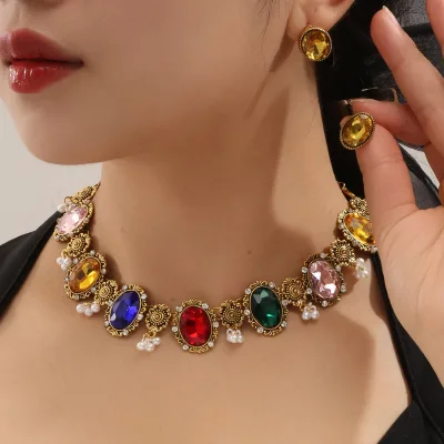 Fashion Rhinestone Choker Necklace Set Multicolor Crystal Pearl Gold Tone Jewelry for Women Evening Party Wedding Gift