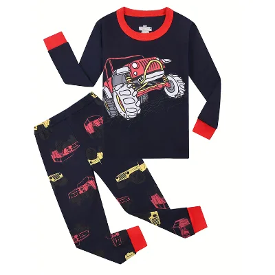 Children's Pajamas Sets Thin Long Sleeve Trouser 2Pcs Set Homewear Cool Truck Excavator Cartoons Boys Girls Pullover Sleepwear