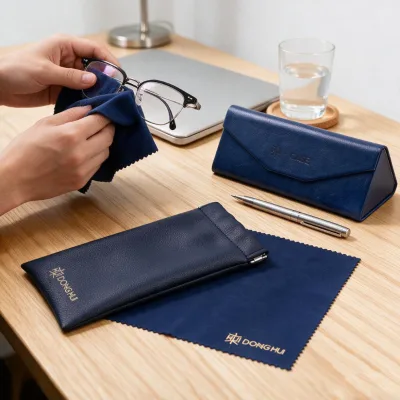 EAST-SUNSHINE Custom Logo PU Leather Triangle Foldable Eyeglasses Case Set with Spring Clip Pouch & Microfiber Cleaning Cloth