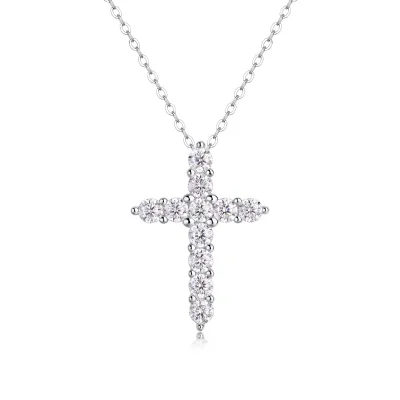 Women's 925 Sterling Silver Moissanite Necklace with Gold-Plated Cross Pendant Diamond Chains Faith Jewelry