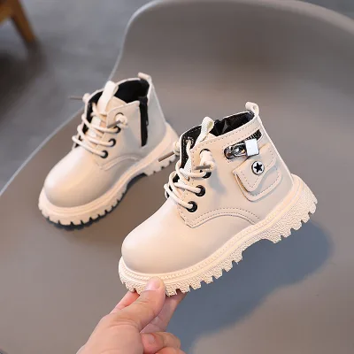New Fashion Trend Leather Girls Boots Lace-up Children Ankle Boots Autumn and Winter Warm Waterproof Kids Boys Shoes