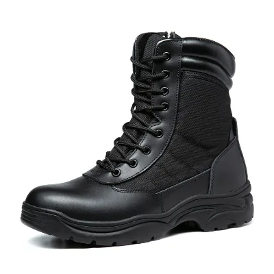 High Top Black Waterproof Tactical Boots Non-Slip Leather Combat Design with Steel Toe for Outdoor Activities