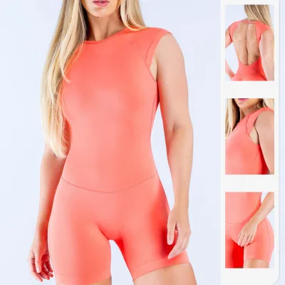 Women Sleeveless Back Cutout Peach Butt Yoga Bodysuit Quick Dry Gym Short Jumpsuit