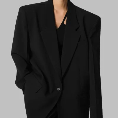 Black Wool Blend Knitted Long Blazer with Anti-Wrinkle Buttons at Wrists Convenient Airy Side Pocket Dragonex Minimalist Design