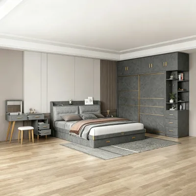 Premium Quality Italian Luxury Stone Melamine Upholstered Bed Bedroom Furniture Set With Dressing Table for Hotel