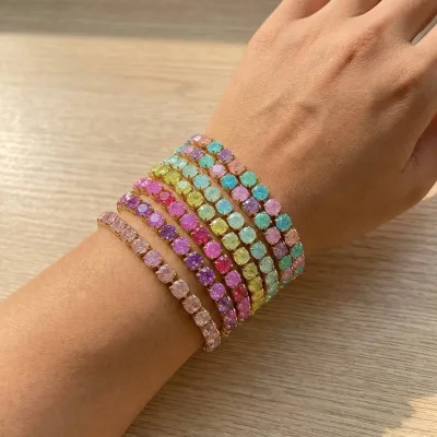 Rainbow Multicolor Fashion Zircon Tennis Bracelets 18K Gold Plated Iridescent Faceted Round Cut Crystal Stacking Bangle