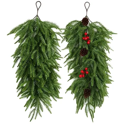 Christmas Upside-Down Tree Decoration Red Berries Bow Artificial Greenery Door Hanging Festive Scene Setting Wreath Nordic Style