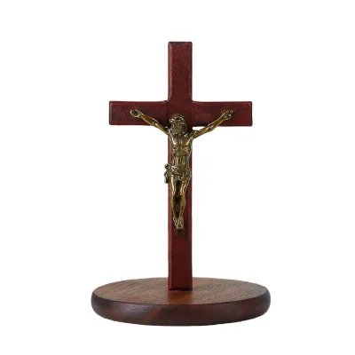 Handmade Retro Religious Christian Wooden Jesus Cross Stand Polished Rosewood Solid Wood Walnut Base Crucifix Church Badge