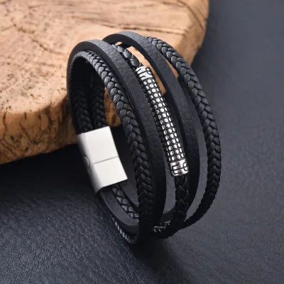 Double Layer Leather Rope Bracelet Multi-Layer Genuine Braided Stainless Steel Stackable Wrist Cuff For Male Custom Wholesale