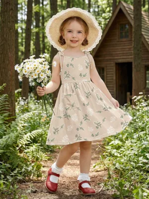 Little Girls Tie Spaghetti Strap Sundress Dainty Daisy Floral Print Side Pocket A-Line Kids Summer Cotton Dress