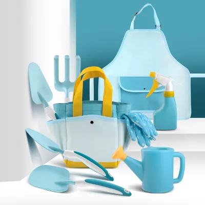 Children's Garden Planting Tool Set Toy Plastic Shovel Rake Storage Flower Basket Bag and Watering Can Set