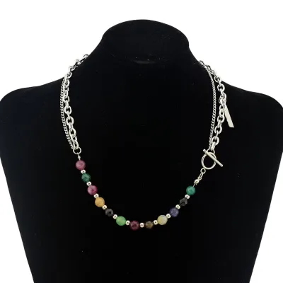 Fashion Multicolor Natural Stone Beaded Necklace Double Layer Mixed Link Chain OT Buckle Design Punk Street Style 1311