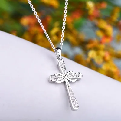 Designer 925 Sterling Silver Infinity Cross Necklace Clear Inlaid Cross Pendant Necklace Women Religious Faith Fine Jewelry